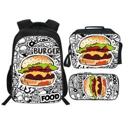 Zhongh Hamburger-Rucksack für Kinder, Büchertasche, Schultasche mit Lunchbox, Tasche und Federmäppchen, Set für Jungen und Mädchen, 40,6 cm von Zhongh