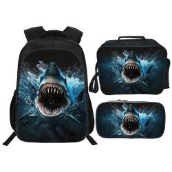 Zhongh Shark Rucksack für Kinder, Büchertasche, 40,6 cm, Schultasche, Tagesrucksack mit Lunchbox, Tasche und Federmäppchen, Set für Jungen und Mädchen von Zhongh
