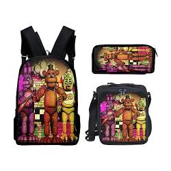 Cartoon Five-Nights at Fre-ddy's 3-teiliges Rucksack-Set mit niedlichem Tiermotiv/Foxy/Bonnie/Freddy/Sister Location/3D bedruckte Schulranzen mit, Federmäppchen für FNFA-Spiel-Fans, Typ2,16inces von Zhongkaihua