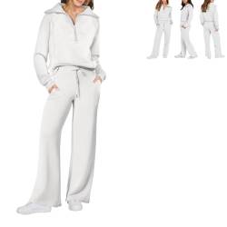Zhongle Womens 2 Stück Outfits Trainingsanzug Set,2024 Langarm-Sweatshirt mit halbem Reißverschluss und weitem Bein Sweatpants Lounge Sets für Frauen (Weiß,Large) von Zhongle