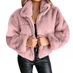 ZhuiKun Damen Kunstpelz Jacke Winter Warme Winterjacke Kurze Reißverschluss Revers Plüsch Mantel Plüschjacke Winterjacke Pelzmantel Casual Cardigan Parka Outwear - Rosa, L von ZhuiKun