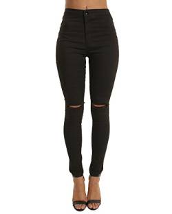 ZhuiKunA Damen Skinny Jeans Hoch Taille Jeanshose Denim Stretch Bleistifthose Basic Risse Am Knie Schwarz S von ZhuiKunA