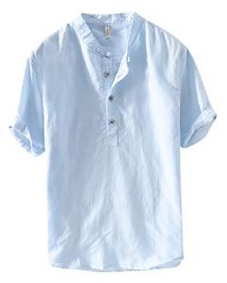 Hemden,Herren Kurze Ärmel Shirt Taste Einfarbig Leinen Tops Himmelblau XL von ZhuikunA