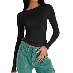 Skims Langarmshirt Damen Y2K Clothes Rundhals Langarm T-Shirt Vintage Sexy Crop Top Aesthetic Bluse Casual Oberteile Basic Longsleeve Damen Teenager Streetwear(02-Schwarze, S) von ZhungZaoh