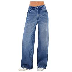 ZhungZaoh Baggy Jeans Damen Blau High Waist Y2K Jeanshose Vintage Gerade Freizeithose Straight Cargo Hose mit Weites Bein Wide Leg Denim Pants (02-Dark Blue, XL) von ZhungZaoh