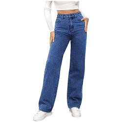 ZhungZaoh Baggy Jeans Damen Stretch High Waist Y2K Wide Leg Jeans 90er Straight Weite Bein Hosen Baggy Jeans Teenager Mädchen Jeanhosen(02-Dark Blaue, M) von ZhungZaoh