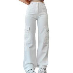 ZhungZaoh Cargohose Damen Jeans Baggy High Waist Y2K Breites Bein Boyfriend Hose Locker Freizeithose Teenager Mädchen Jeanshose Streetwear Wide Leg Jeans Denim Pants (02-White, L) von ZhungZaoh