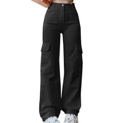 ZhungZaoh Cargohose Damen Jeans Baggy High Waist Y2K Breites Bein Boyfriend Hose Locker Freizeithose Teenager Mädchen Jeanshose Streetwear Wide Leg Jeans Denim Pants (21-Black, L) von ZhungZaoh