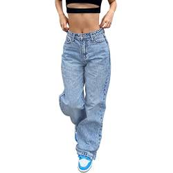 ZhungZaoh Damen Baggy Jeans Damen Y2k High Waist Jeanshose Straight Gerade Breites Bein Boyfriend Freizeithose Sommer Locker Hosen Teenager Streetwear (06-Blaue, S) von ZhungZaoh