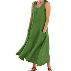 ZhungZaoh Damen Sommer Leinen Kleid Ärmelloses Boho Sommerkleid Baumwoll Rundhals Strandkleid Einfarbig Locker Kaftan Langes Kaftan Kleid mit Taschen (A1-Green, L) von ZhungZaoh