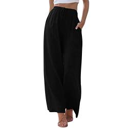 ZhungZaoh Sommerhose Damen Sommer Leinen Leicht Casual Locker Leinenhose Freizeithose Palazzo Hose Weite Leg Hose Stoffhose Hohe Taille mit Tunnelzug und Taschen (01-Black, S) von ZhungZaoh