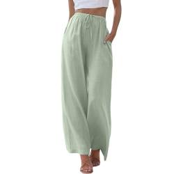 ZhungZaoh Sommerhose Damen Sommer Leinen Leicht Casual Locker Leinenhose Freizeithose Palazzo Hose Weite Leg Hose Strandhose Hohe Taille mit Tunnelzug und Taschen (02-Green, S) von ZhungZaoh