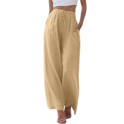 ZhungZaoh Sommerhose Damen Sommer Leinen Leicht Casual Locker Leinenhose Freizeithose Palazzo Hose Weite Leg Hose Strandhose Hohe Taille mit Tunnelzug und Taschen (02-Khaki, S) von ZhungZaoh