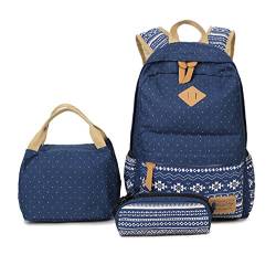Canvas Daypacks Backpack 3 Teiliges Schultaschen-Set Schulrucksack + Umhängetasche + Mäppchen für Mädchen Damen Jugendliche Blau von ZiXing