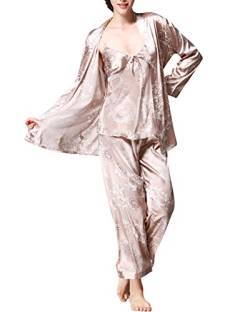 Damen Klassische Pyjama Set Satin Sleepwear Homewear Schlafanzug Nachtwäsche Kamel XX-Large von ZiXing