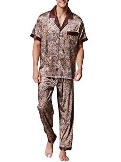 Herren Pyjama Lang Klassische Satin Schlafanzug Nachtwäsche Sleepwear Gedruckt Pyjama Anzug Satz Kaffee Large von ZiXing