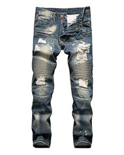 ZiXing Herren Jeans Hose Denim Stretch Regular Fit Zerrissene Destroyed Motorrad Biker Jeanshosen Blau 36 von ZiXing