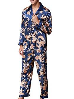 ZiXing Herren Satin Pyjama Set Lang Durchgeknöpft Nachtwäsche Sleepwear Gedruckt Königsblau Large von ZiXing