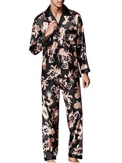 ZiXing Herren Satin Pyjama Set Lang Durchgeknöpft Nachtwäsche Sleepwear Gedruckt Schwarz Large von ZiXing