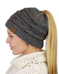 ZiXing Pferdeschwanz Mütze Damen Mädchen Winter Warme Strickmütze Beanie Cap mit Loch für Zopf Dunkelgrau OneSize von ZiXing