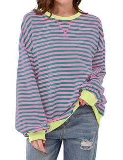 Ziesexy Gestreiftes Damen-Sweatshirt, Oversize-Sweatshirt, Farbblock, langärmelig, Rundhalsausschnitt, lockerer Pullover, Oberteil, Pink, Groß von Ziesexy