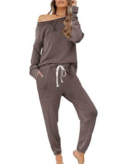 Zilcremo Damen Zweiteiliger Schlafanzug Set Baumwolle Langarm Nachtwäsche Sleepwear und Pyjamahose Lounge Sets Kaffee XL von Zilcremo