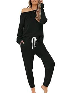 Zilcremo Damen Zweiteiliger Schlafanzug Set Baumwolle Langarm Nachtwäsche Sleepwear und Pyjamahose Lounge Sets Schwarz1 XL von Zilcremo