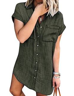 Zilcremo Jeanskleid Damen Sommer Kurzarm Button Down Kurz Denim Kleid Blusenkleid Hemdkleid Sommerkleid Armeegrün L von Zilcremo