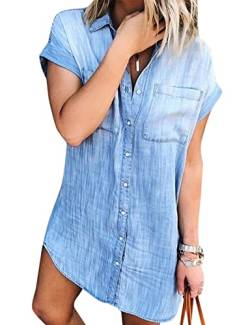 Zilcremo Jeanskleid Damen Sommer Kurzarm Button Down Kurz Denim Kleid Blusenkleid Hemdkleid Sommerkleid Blau XL von Zilcremo