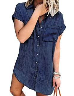 Zilcremo Jeanskleid Damen Sommer Kurzarm Button Down Kurz Denim Kleid Blusenkleid Hemdkleid Sommerkleid Dunkelblau M von Zilcremo