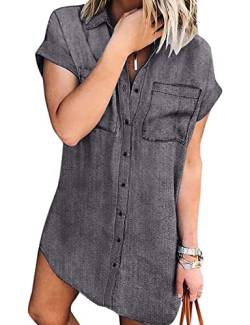 Zilcremo Jeanskleid Damen Sommer Kurzarm Button Down Kurz Denim Kleid Blusenkleid Hemdkleid Sommerkleid Grau M von Zilcremo