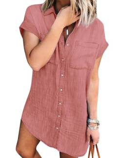 Zilcremo Jeanskleid Damen Sommer Kurzarm Button Down Kurz Denim Kleid Blusenkleid Hemdkleid Sommerkleid Rosa L von Zilcremo