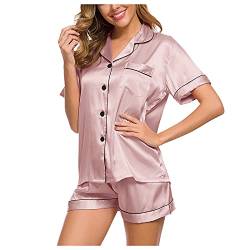 Schlafanzug Damen Lang/Kurz Mit Schlafhose Satin Hausanzug Schlafhose Sleepwear Glatten Große Größen Pyjama Set Loungewear Damen Leichtes Kurzarm Top Kurz/Lang Nachtwäsche Schlafanzug Nachthemd von Zilosconcy