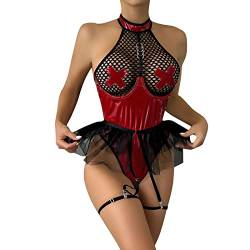 Zilosconcy Dessous Damen Sexy, Reizwäsche Hochwertig Bodysuit Lackleder Rückenfreies Babydoll Unterwäsche Outfit Offener Schritt Unterhose Negligee Nachtwäsche Gürtel Sexy Lingerie von Zilosconcy