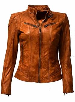 Zimmert Leather Lederjacke Damen Biker Frida Slim-Fit weiches Lamm-Nappa, Reißverschluss, Stehkragen mit Schnalle Gelb Cognac Braun Dunkelrot (36, Dunkelcognac) von Zimmert Leather