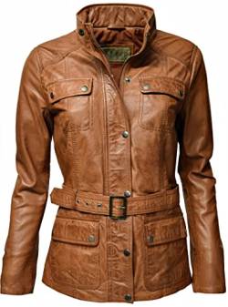 Zimmert Leather Sportliche Damen Lederjacke Bruni mit Umschlagkragen und Gürtel in Braun Schwarz washed echt Leder (40, Cognac) von Zimmert Leather