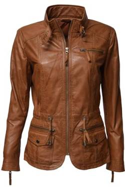 Zimmert Leather Sportliche Damen Lederjacke Lana Tailliert länger stehkragen weiches Leder Cognac Braun Schwarz (42, Dunkelcognac) von Zimmert Leather