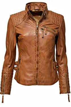 Zimmert Leather Übergangsjacke Damen Biker Echtleder Lederjacke Modell: Amy gesteppt washed used-look Slim-Fit Braun (38, Cognac) von Zimmert Leather