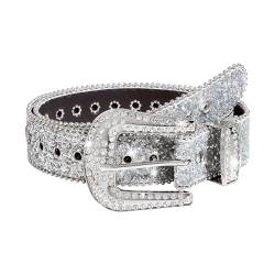 Damen Strass Gürtel für Jeans,Punk PU Ledergürtel,Glitzer Gürtel für Western Cowgirl Cowboy,Y2k Bling Nieten-Ledergürtel,Glänzender Taillengürtel für Hosen, Kleider (Silber/Schwarz) (Silber) von Zimoer