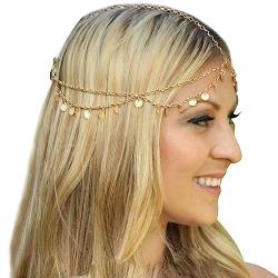 Kopfkette Pailletten Boho Geschichtete Kopfkette Gold Braut Quaste Kopfschmuck Festival Stirnband Haarschmuck Zigeuner Münze Haarkette für Frauen und Mädchen von Zimoer