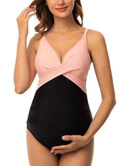 Ziola Damen Umstands-Badeanzug Einteiler Front Cross Badeanzug V-Ausschnitt Schwangerschaft Bademode Monokini, 02 Pink & Schwarz, Medium von Ziola