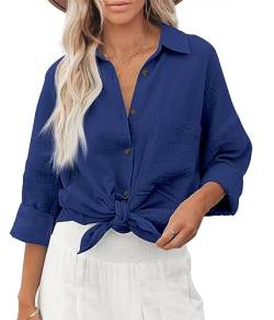 Zitiki Bluse Damen Baumwolle Lässiges Hemd V-Ausschnitt Langarm Elegant Oberteile Lose Shirts mit Brusttaschen (Large, Dunkelblau) von Zitiki