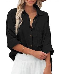 Zitiki Bluse Damen Baumwolle Lässiges Hemd V-Ausschnitt Langarm Elegant Oberteile Lose Shirts mit Brusttaschen (Large, Schwarz) von Zitiki