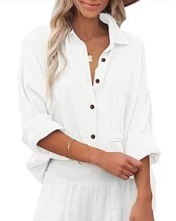 Zitiki Bluse Damen Baumwolle Lässiges Hemd V-Ausschnitt Langarm Elegant Oberteile Lose Shirts mit Brusttaschen (Large, Weiß) von Zitiki