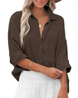 Zitiki Bluse Damen Baumwolle Lässiges Hemd V-Ausschnitt Langarm Elegant Oberteile Lose Shirts mit Brusttaschen (Medium, Braun) von Zitiki