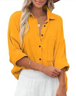Zitiki Bluse Damen Baumwolle Lässiges Hemd V-Ausschnitt Langarm Elegant Oberteile Lose Shirts mit Brusttaschen (Medium, Gelb) von Zitiki