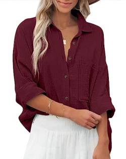 Zitiki Bluse Damen Baumwolle Lässiges Hemd V-Ausschnitt Langarm Elegant Oberteile Lose Shirts mit Brusttaschen (X-Large, Burgunderrot) von Zitiki