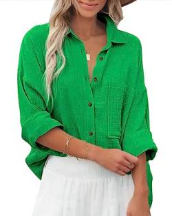 Zitiki Bluse Damen Baumwolle Lässiges Hemd V-Ausschnitt Langarm Elegant Oberteile Lose Shirts mit Brusttaschen (X-Large, Grün) von Zitiki