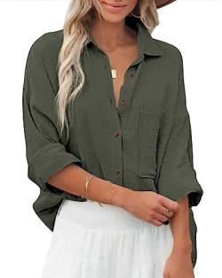 Zitiki Bluse Damen Baumwolle Lässiges Hemd V-Ausschnitt Langarm Elegant Oberteile Lose Shirts mit Brusttaschen (X-Large, Militärgrün) von Zitiki