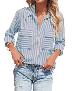 Zitiki Damen Bluse Elegant Streifenbluse V-Ausschnitt Lässig Hemd Langarm Stilvoll Shirt Büro Arbeit Tops mit Tasche (Medium, Blau) von Zitiki